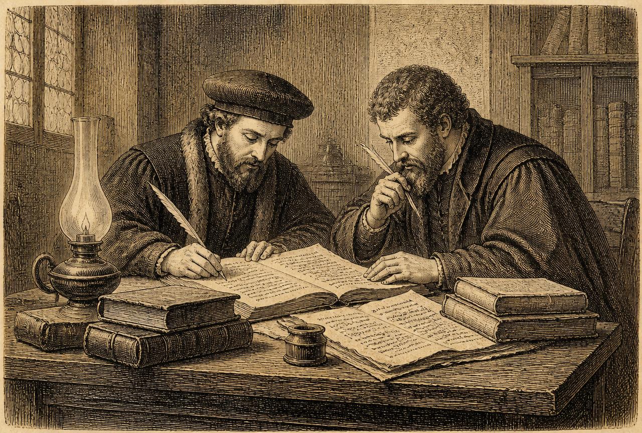 Vintage engraving of two scholars reviewing a manuscript together