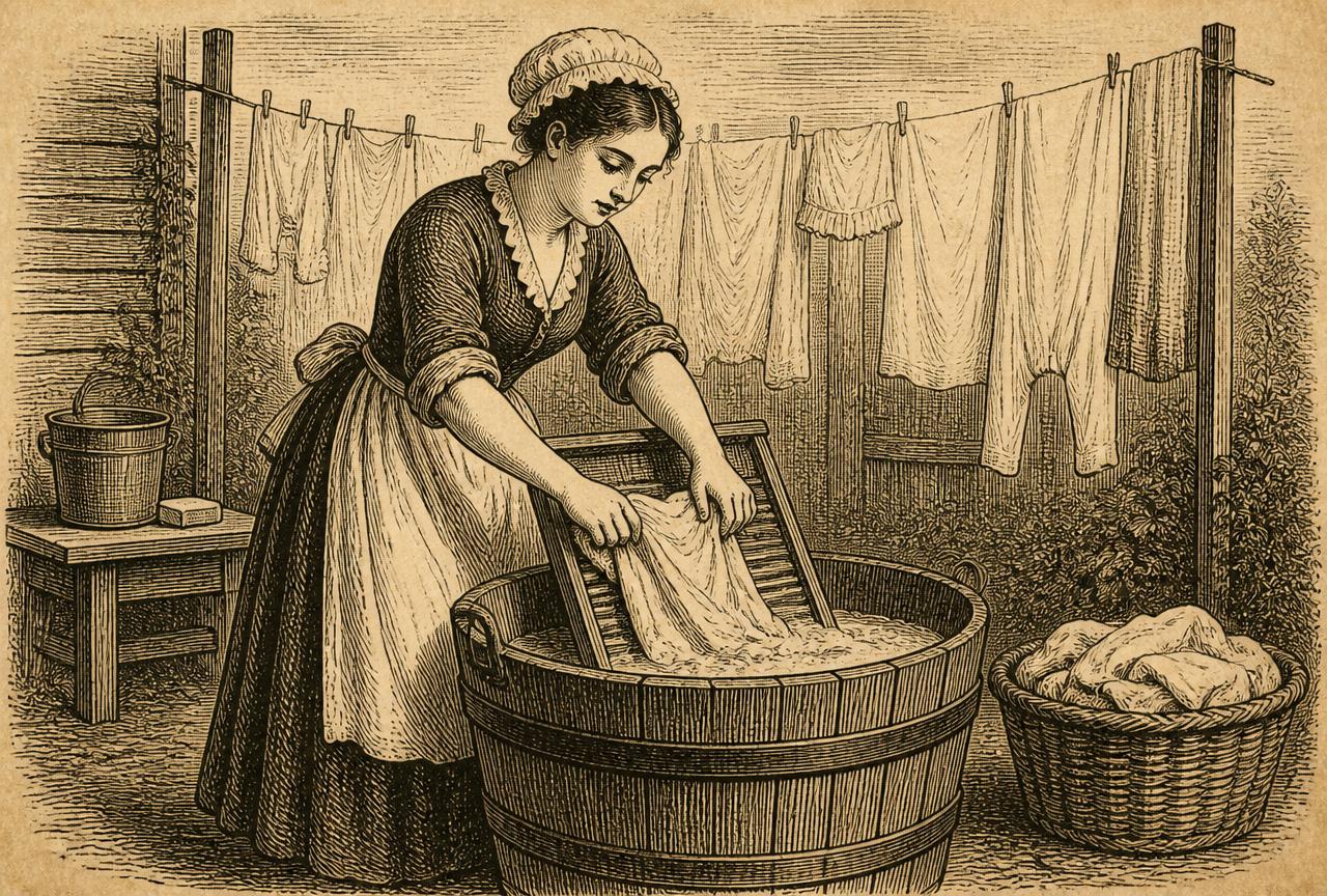 Vintage engraving of a housemaid washing linen in a tub beside a washing line