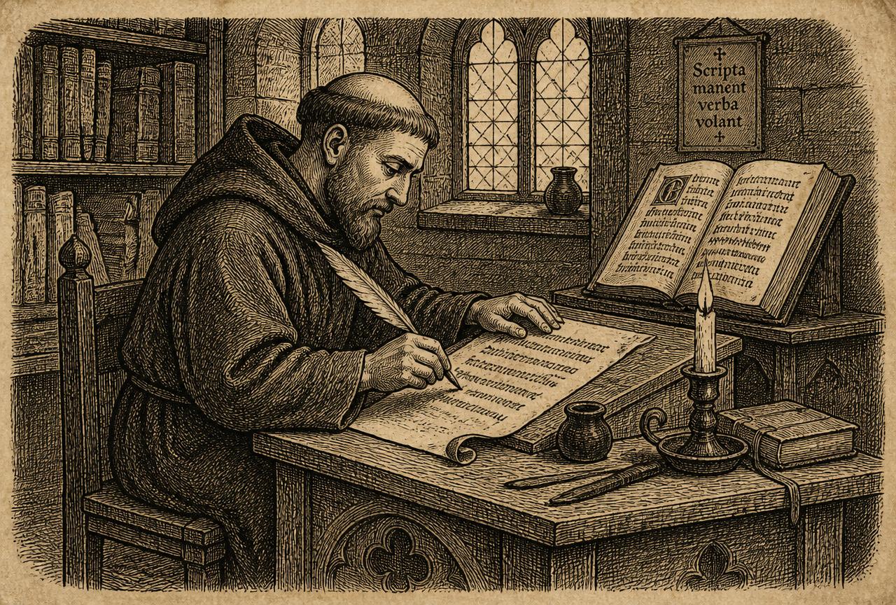 Vintage engraving of a monk writing with a quill at a desk